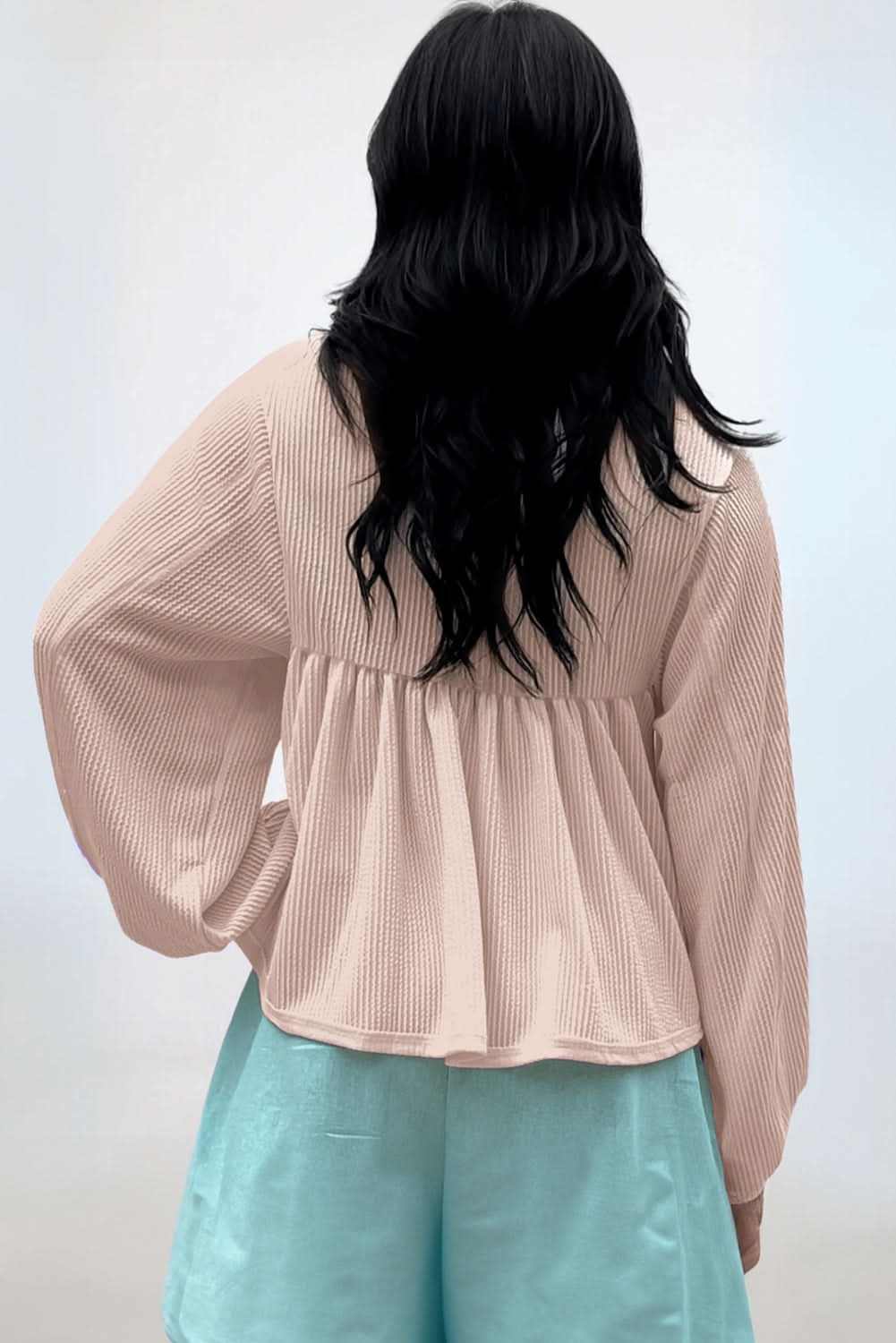 Parchment Corded Turn-down V Neck Bubble Sleeve Babydoll Blouse - Love Salve